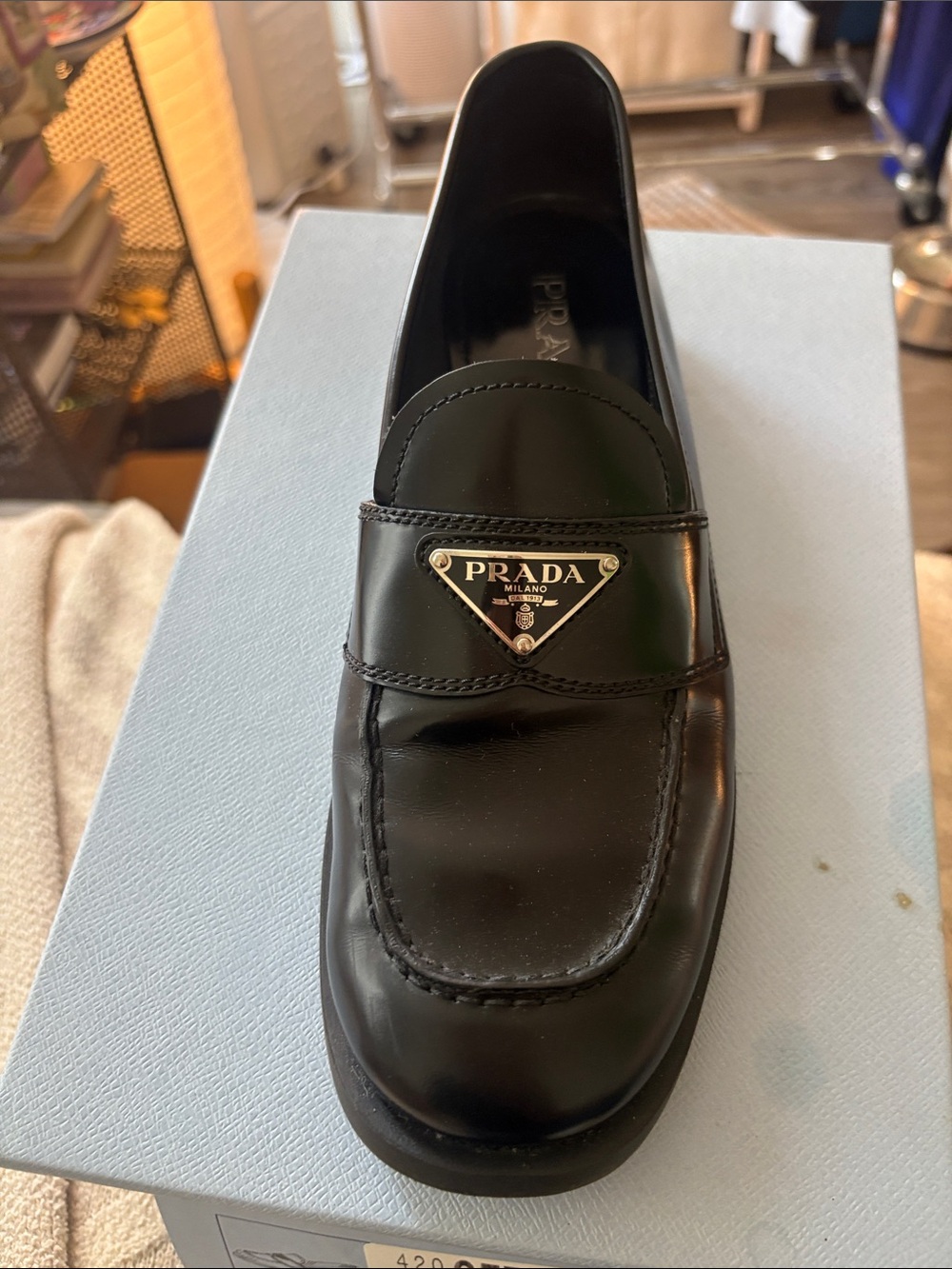 Prada Black Patent Leather Logo Slip-On Loafers